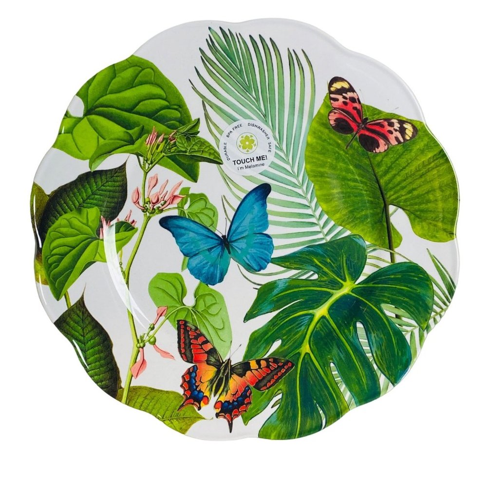 Tarhong Tropical Palm Leaf Butterflies 10.5in Melamine Dinner Plates Set